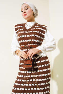 Desenli V Yaka Triko Jile Elbise Kahve - Tesettür Elbise