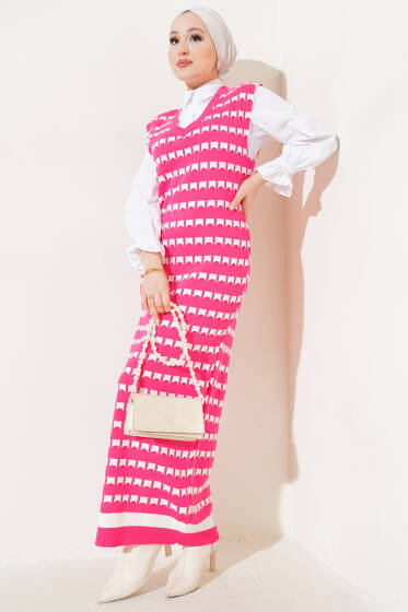 Desenli V Yaka Triko Jile Elbise Nar Çiçeği - Triko