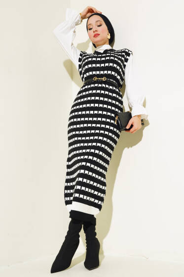 Desenli V Yaka Triko Jile Elbise Siyah - Triko