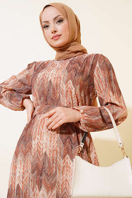 Desenli Viscon Elbise Latte - Tesettür Elbise