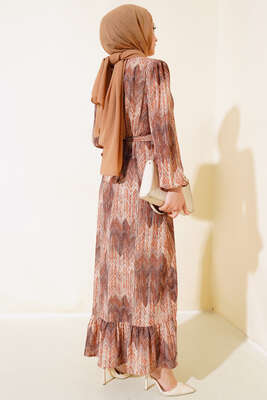 Desenli Viscon Elbise Latte - Tesettür Elbise