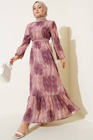 Desenli Viscon Elbise Magenta - Elbise