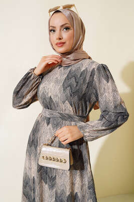 Desenli Viscon Elbise Siyah - Tesettür Elbise