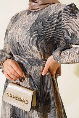 Desenli Viscon Elbise Siyah - Tesettür Elbise