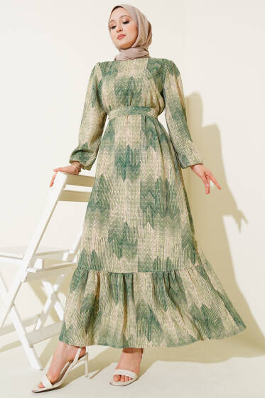Desenli Viscon Elbise Yeşil - Elbise