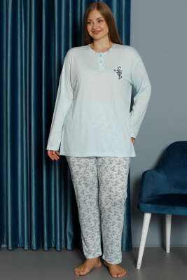 Desenli Viskon Büyük Beden Pijama Takımı Buz Mavisi - Pijama