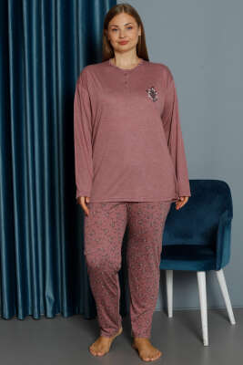 Desenli Viskon Büyük Beden Pijama Takımı Gül Kurusu - Kadın Pijama Takımı