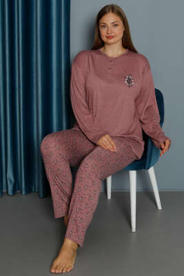 Desenli Viskon Büyük Beden Pijama Takımı Gül Kurusu - Pijama