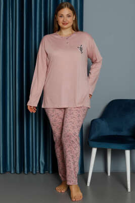 Desenli Viskon Büyük Beden Pijama Takımı Pudra - Kadın Pijama Takımı