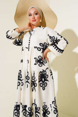Desenli Viskon Elbise Ekru - Tesettür Elbise