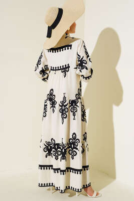 Desenli Viskon Elbise Ekru - Tesettür Elbise