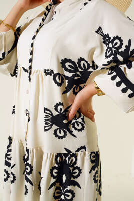 Desenli Viskon Elbise Ekru - Tesettür Elbise