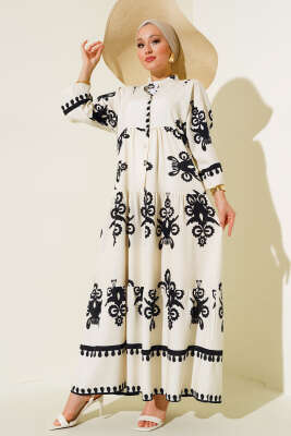 Desenli Viskon Elbise Ekru 