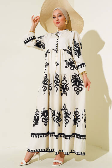 Desenli Viskon Elbise Ekru - Tesettür Elbise