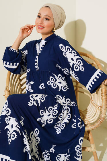 Desenli Viskon Elbise Lacivert - Elbise
