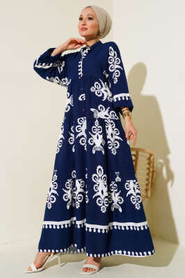 Desenli Viskon Elbise Lacivert - Tesettür Elbise
