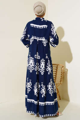 Desenli Viskon Elbise Lacivert - Tesettür Elbise