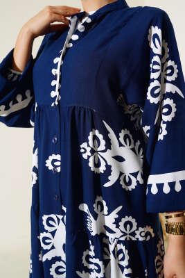 Desenli Viskon Elbise Lacivert - Tesettür Elbise