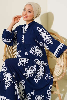 Desenli Viskon Elbise Lacivert - Tesettür Elbise