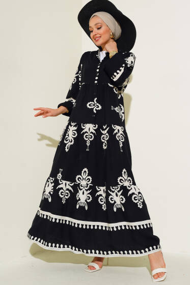 Desenli Viskon Elbise Siyah - Elbise