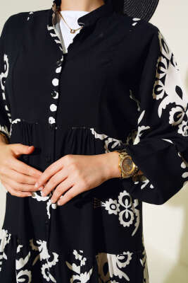 Desenli Viskon Elbise Siyah - Tesettür Elbise