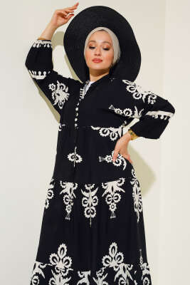 Desenli Viskon Elbise Siyah - Tesettür Elbise