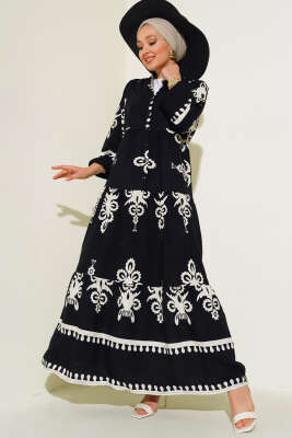 Desenli Viskon Elbise Siyah 