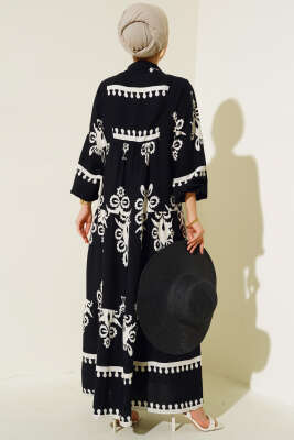 Desenli Viskon Elbise Siyah - Tesettür Elbise