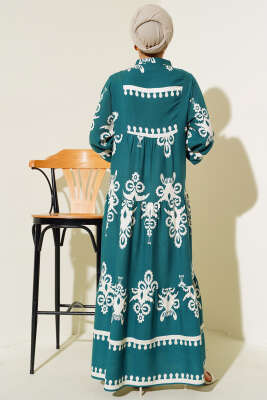 Desenli Viskon Elbise Zümrüt - Tesettür Elbise