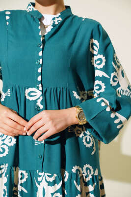 Desenli Viskon Elbise Zümrüt - Tesettür Elbise