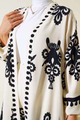 Desenli Viskon Kimono İkili Takım Ekru - İkili Takım