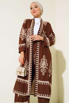 Desenli Viskon Kimono İkili Takım Kahve - İkili Takım