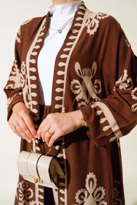 Desenli Viskon Kimono İkili Takım Kahve - İkili Takım