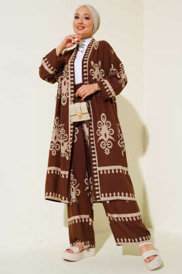 Desenli Viskon Kimono İkili Takım Kahve 