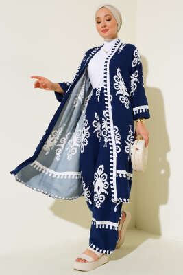 Desenli Viskon Kimono İkili Takım Lacivert 