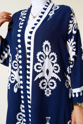 Desenli Viskon Kimono İkili Takım Lacivert - İkili Takım