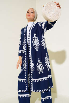 Desenli Viskon Kimono İkili Takım Lacivert - İkili Takım