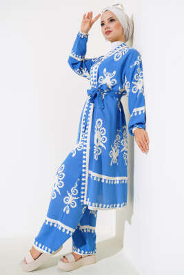Desenli Viskon Kimono İkili Takım Mavi 