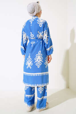 Desenli Viskon Kimono İkili Takım Mavi - İkili Takım