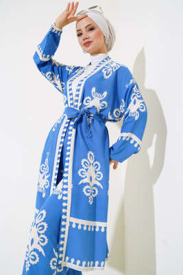 Desenli Viskon Kimono İkili Takım Mavi - İkili Takım