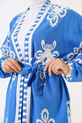 Desenli Viskon Kimono İkili Takım Mavi - İkili Takım