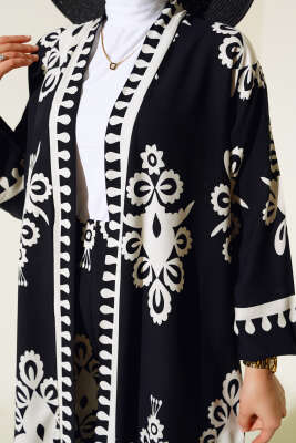 Desenli Viskon Kimono İkili Takım Siyah - İkili Takım