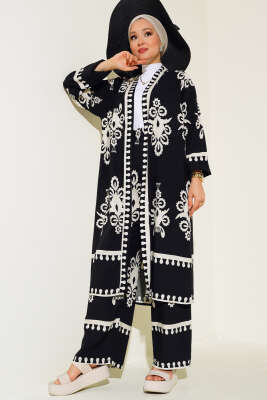 Desenli Viskon Kimono İkili Takım Siyah - İkili Takım