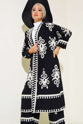 Desenli Viskon Kimono İkili Takım Siyah - İkili Takım