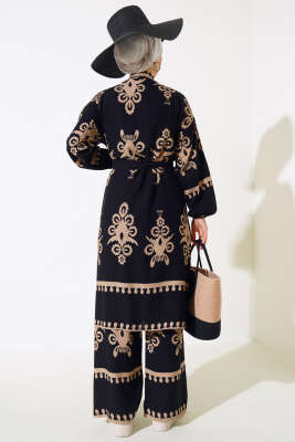 Desenli Viskon Kimono İkili Takım Siyah Latte - İkili Takım