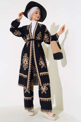 Desenli Viskon Kimono İkili Takım Siyah Latte 