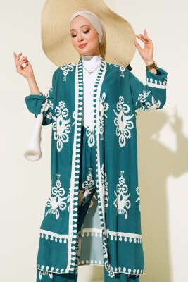 Desenli Viskon Kimono İkili Takım Zümrüt - İkili Takım