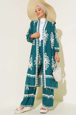 Desenli Viskon Kimono İkili Takım Zümrüt 