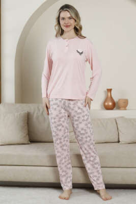 Desenli Viskon Uzun Kol Pijama Takımı Yavru Ağzı - Kadın Pijama Takımı