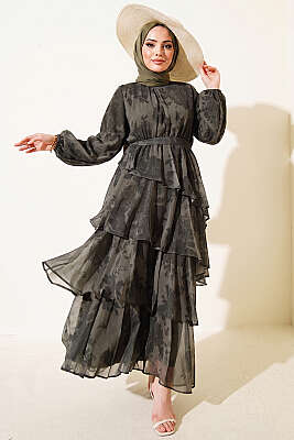 Desenli Volanlı Kuşaklı Elbise Haki - Elbise